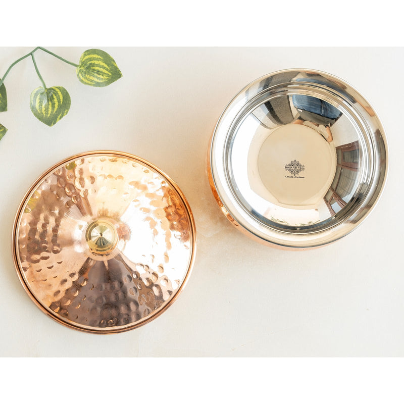 Steel Copper Mughlai Handi with Copper Lid and Brass Knob, 330 ML & 1350 ML – Hammered Design Serveware, Perfect for Home & Restaurant Use
