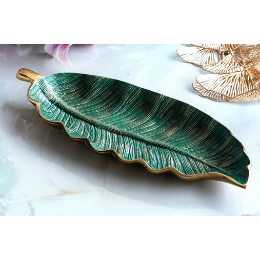 Gold Finish Green Leaf Design Decorative Platter – 43 Cm Banana Leaf Shaped Tray for Home Décor