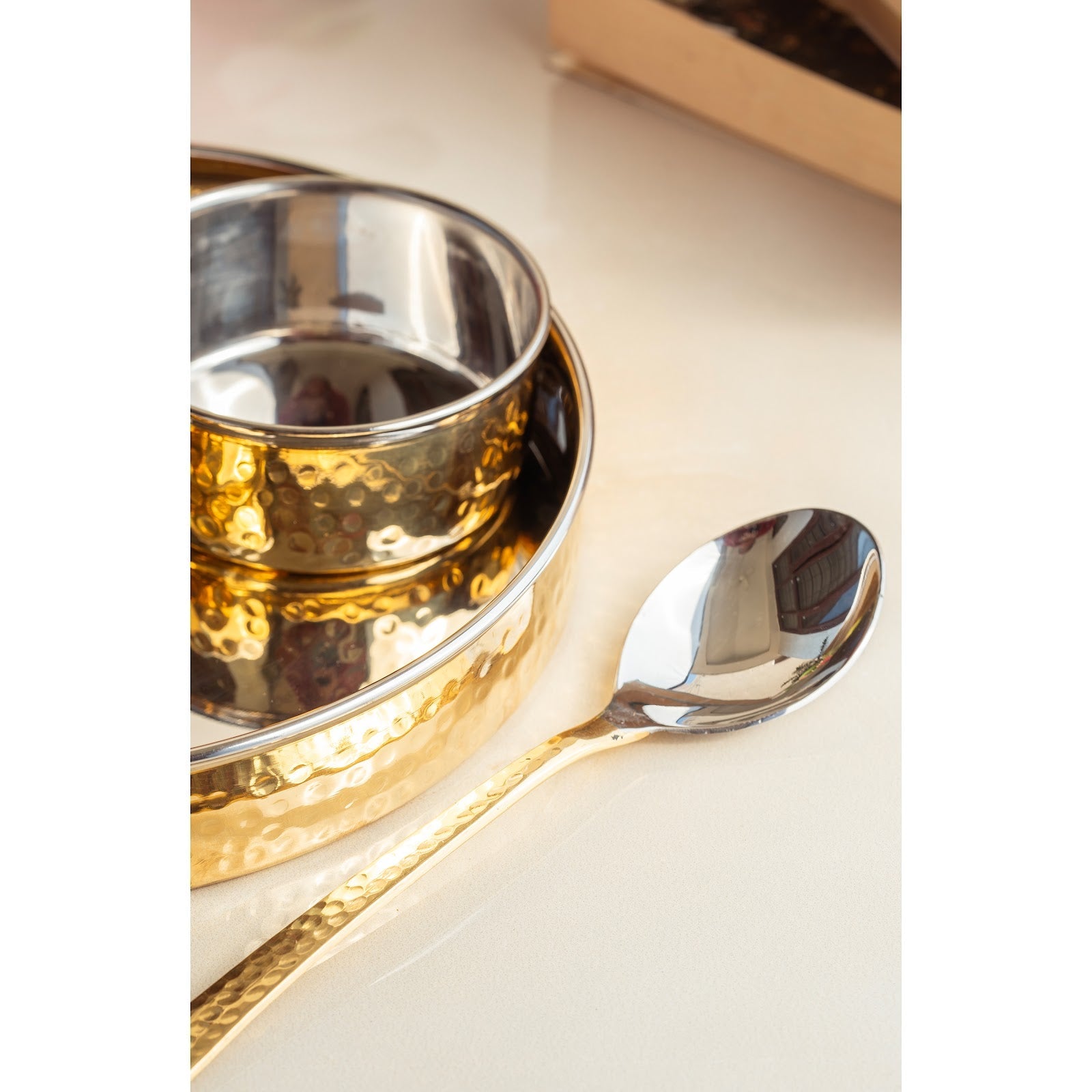 Brass Mukhwas Set – 3 Bowls with 8-Inch Hammered Plate & Spoon | Perfect for Serving Mouth Fresheners, Dry Fruits, Sweets at Home, Parties, Restaurants, and Festive Occasions