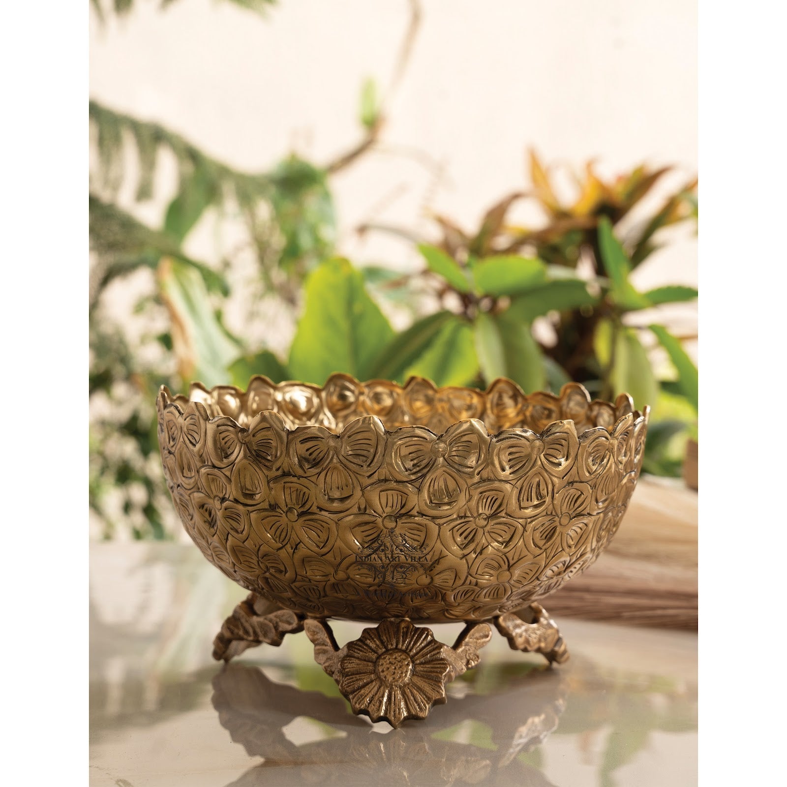 Brass Decorative Floral Embossed Fruit Bowl – 7.9 Inch, 1550 ML Golden Finish Brass Bowl with Pedestal, Handmade Serving & Display Bowl for Dry Fruits, Snacks, Fruits, Table Décor, and Gifting
