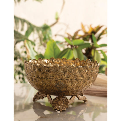 Brass Decorative Floral Embossed Fruit Bowl – 7.9 Inch, 1550 ML Golden Finish Brass Bowl with Pedestal, Handmade Serving & Display Bowl for Dry Fruits, Snacks, Fruits, Table Décor, and Gifting