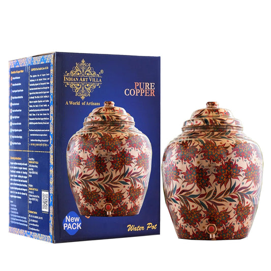 Copper Water Dispenser/Pot/Matka In Red and Blue Floral Print Design with Brass Tap,13 Ltr.