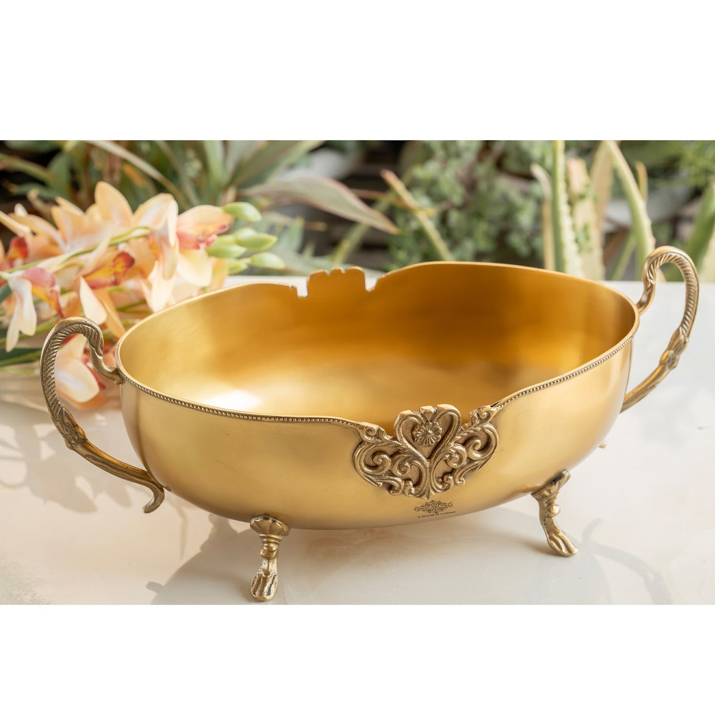 Brass Bowl Embossed Design With Decorative Style Handle