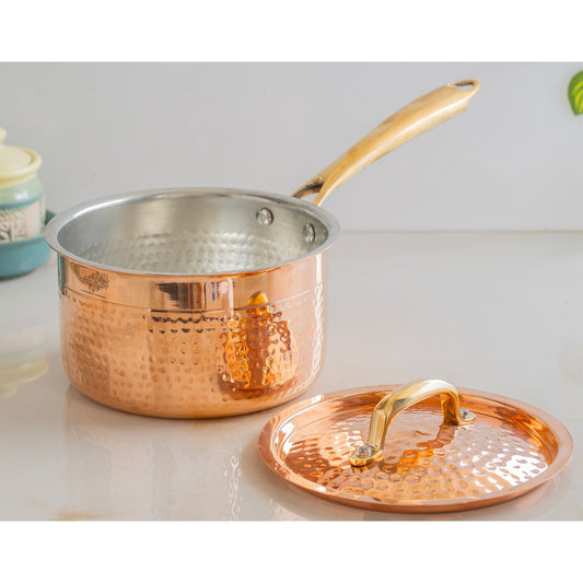Indian Art Villa, Pure Copper Hammer Long Handle Sauce Pan With Inside Tin Lining And Lid, Copper Cookware & Serveware