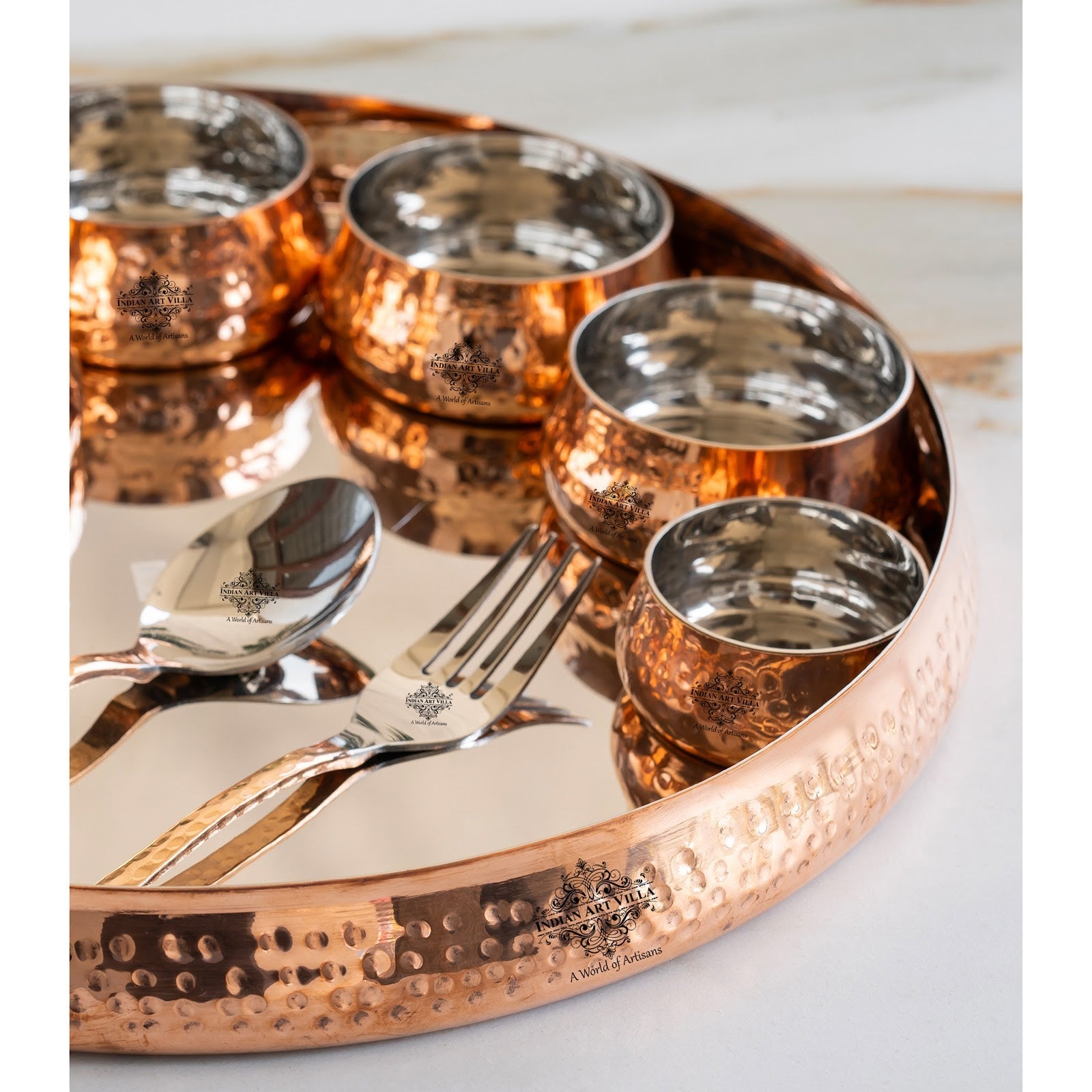 Steel Copper 9-Piece Curve Thali Set, Hammered Shine Finish- – Elegant Tableware for Traditional Dining, Perfect for Home, Restaurant, Special Occasions