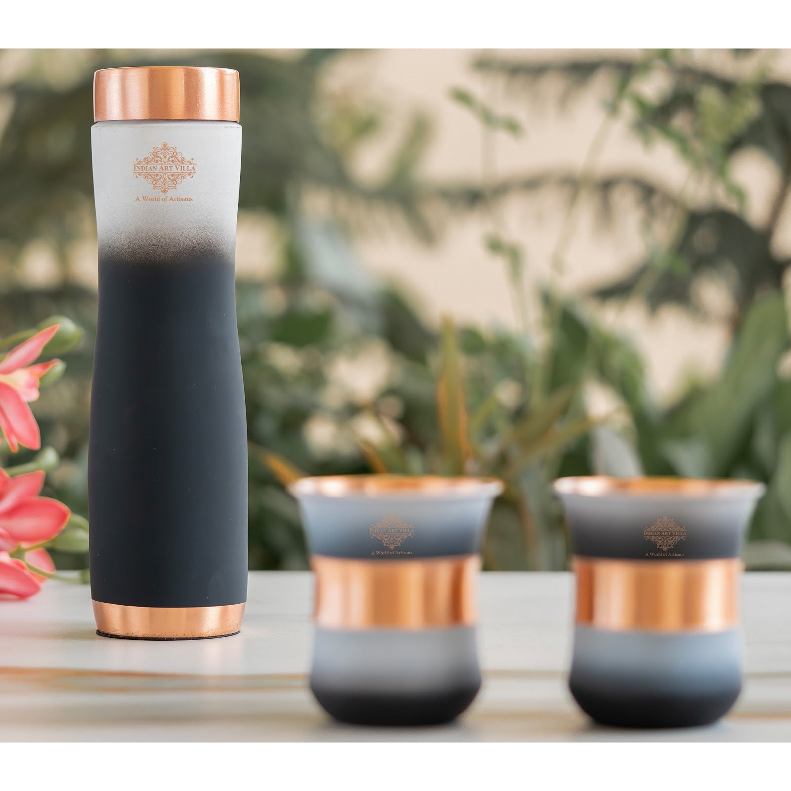 Matt Ombre Copper Bottle and Glass Set with Royal Look  Bottle-900 Ml, Glass-275Ml