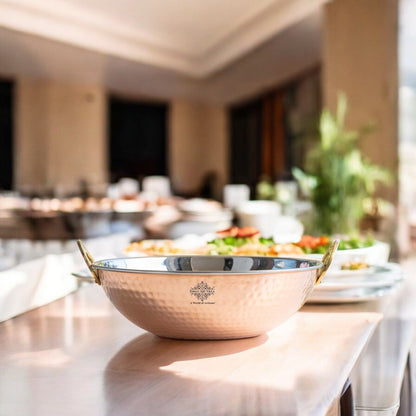 Steel Copper Hammered Design Kadhai - Elegant Serveware with Brass Handles, Traditional Indian Tableware for Dining, Special Occasions & Gifting