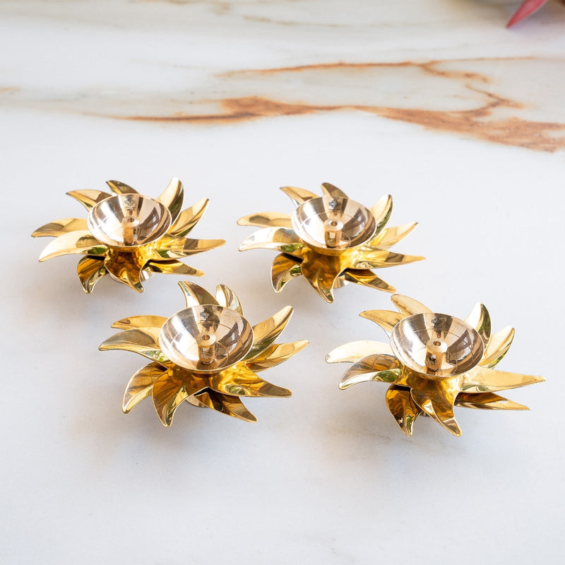 Brass Sunflower Design Diya Set of 4 -Temple Rituals & Traditional Gifting