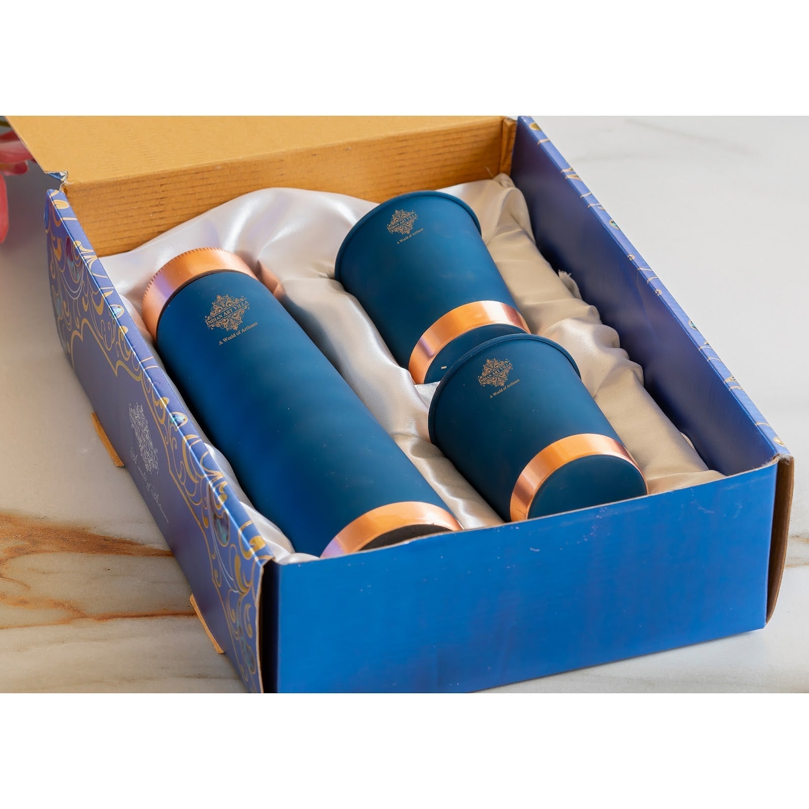 Pure Copper Bottle And Glass Set With Silk Finish Pyramid Design