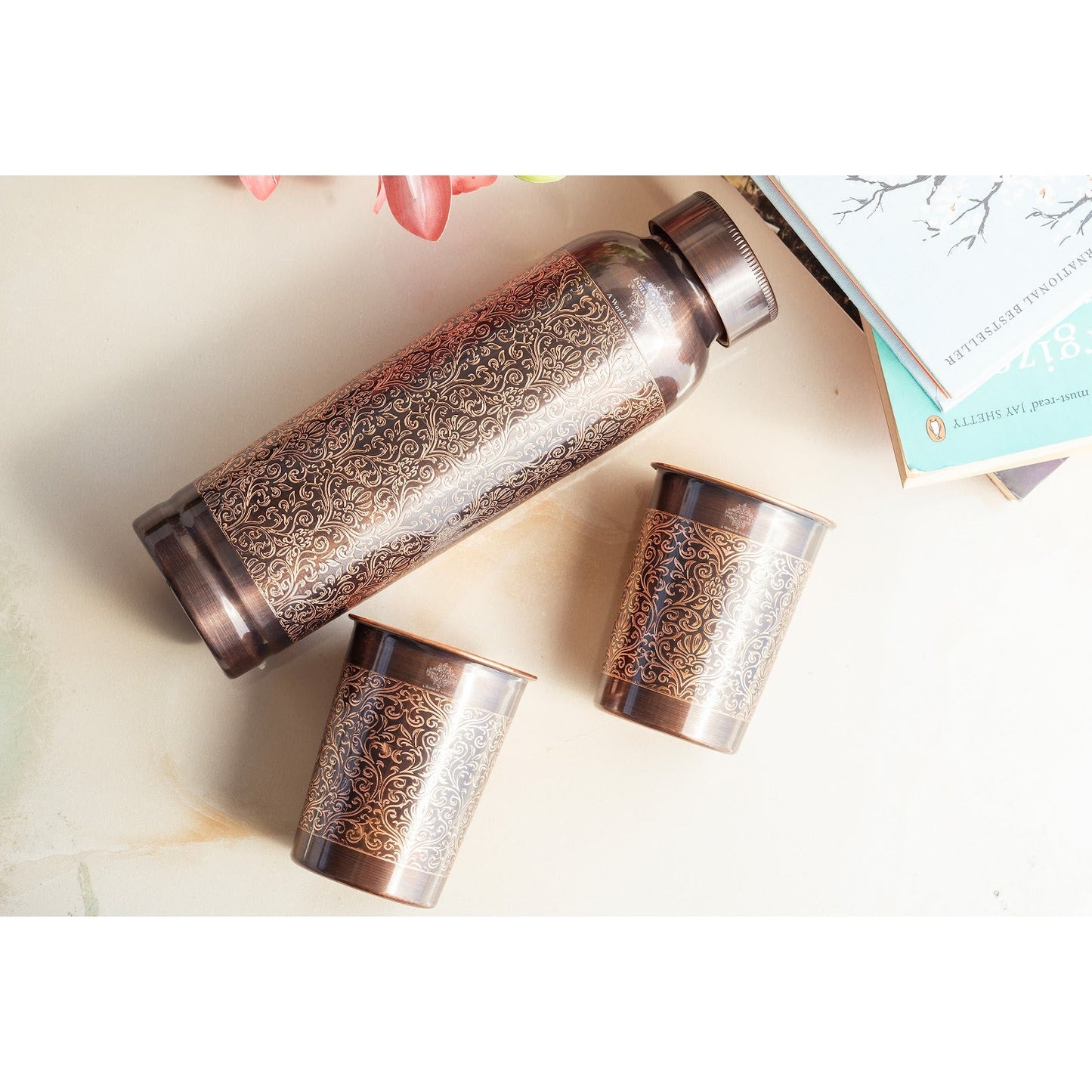 Antique Embossed Copper Bottle Gift Set – Includes 1 Designer Copper Bottle & 2 Matching Glasses | Ideal for Daily Use, Ayurvedic Health Benefits, Office Desk, Home Décor & Festive Gifting-1450 ML