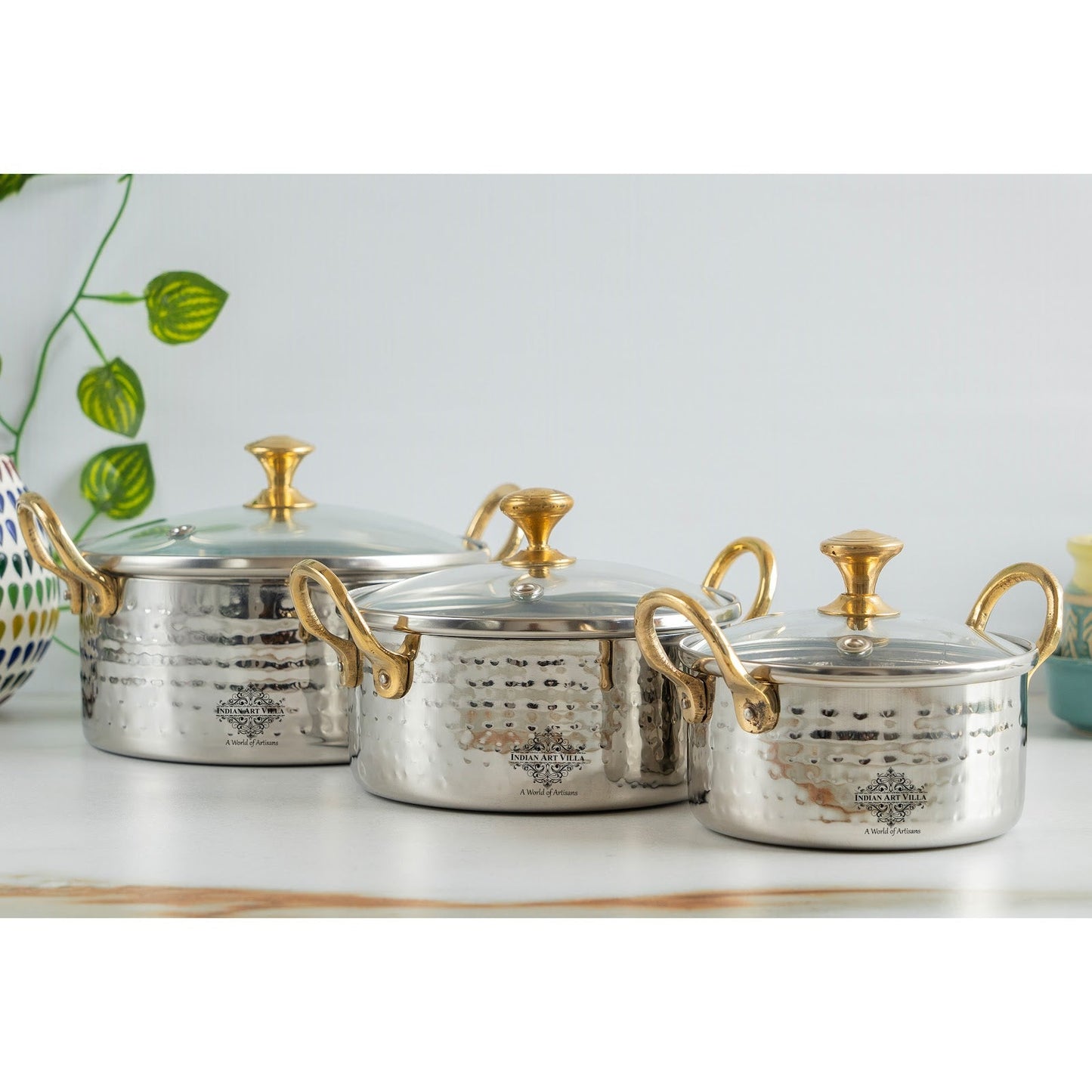 Stainless Steel Serving Bowl with Brass Handles and Glass Lid, Hammered Designs – Elegant Tableware for Home & Restaurant Use