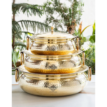 Brass Degchi With Hammered Design, Handle & Inside Tin Lining