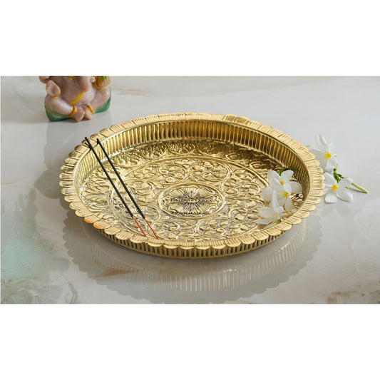 Handmade Pure Brass Flower Design Pooja Thali - 30.48 cm Dia. Spiritual Item