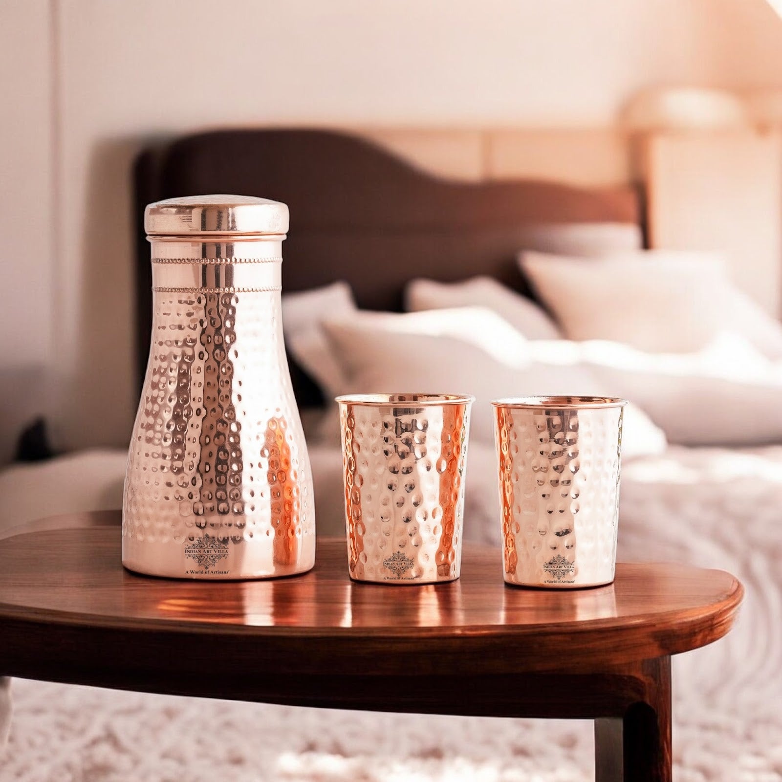 Pure Copper Drinkware Gift Set – Hammered Design, Water Bottle (900 ML) & 2 Glasses (275 ML) Set