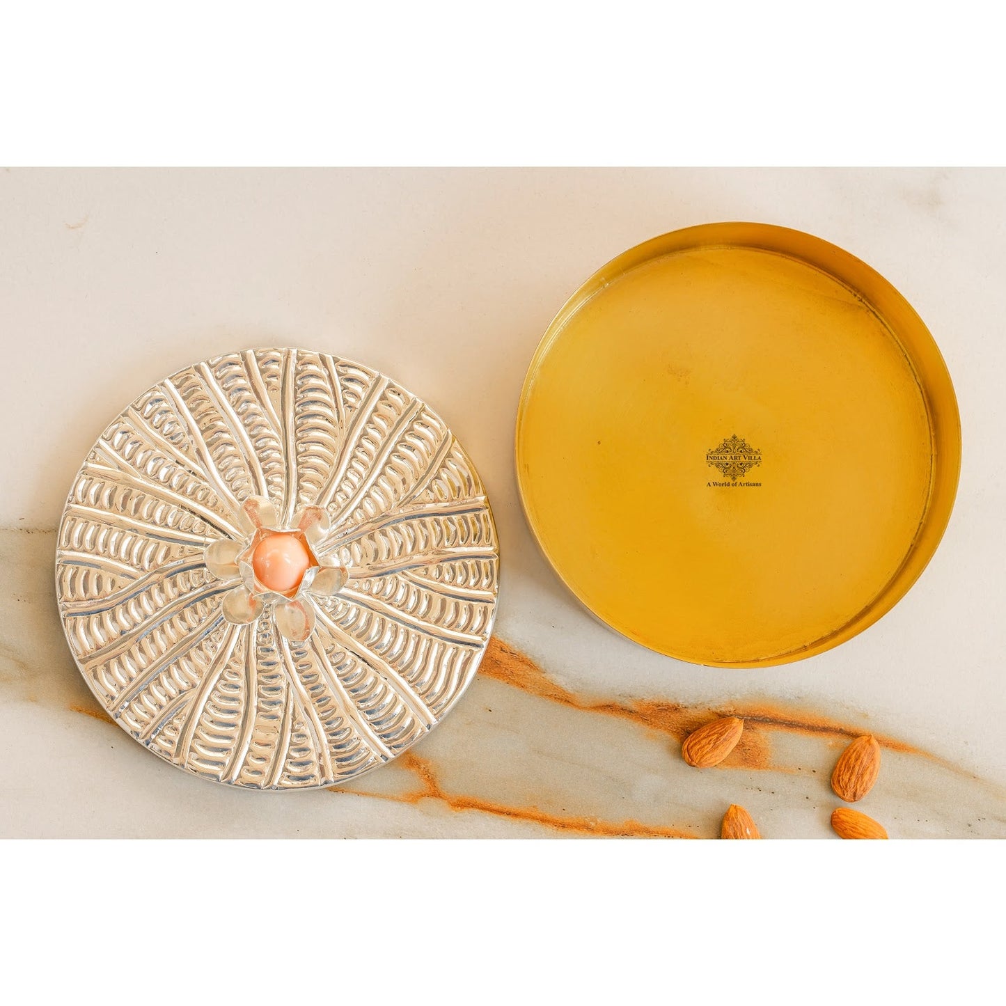 Silver-Plated Brass Decorative Multi-Purpose Gift Box, Lotus Flower Design, Elegant Silver & Gold Finish Storage Box for Dry Fruits