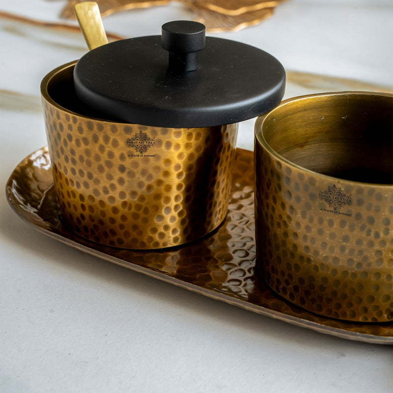 Antique Hammered Brass Finish Condiment Bowl Set of 2 with Lid & Spoon