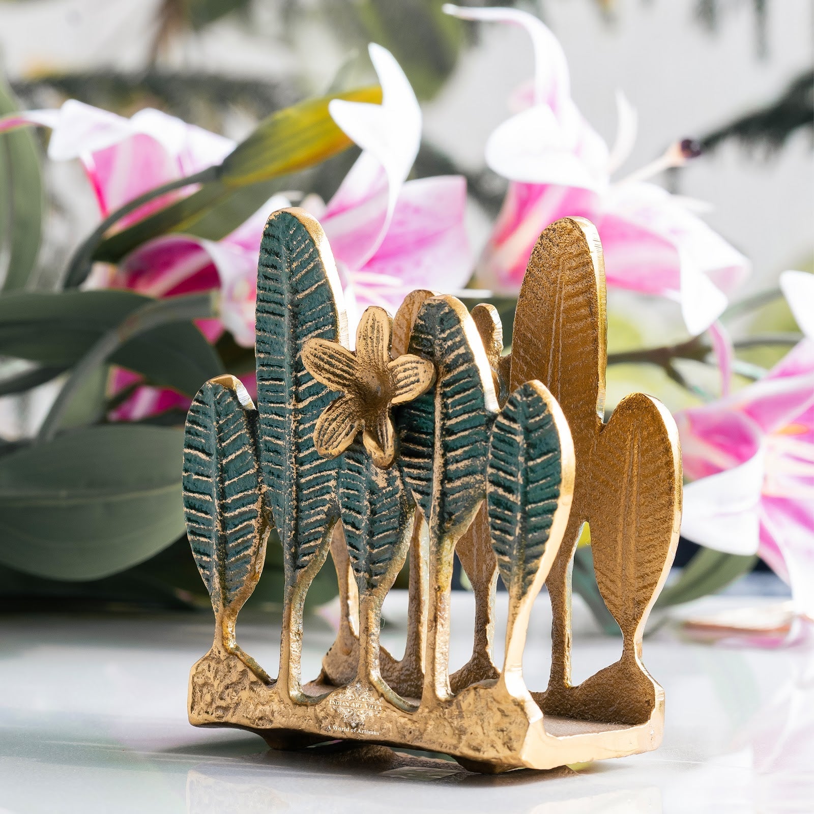 Brass Finish Green Leaf Design Decorative Napkin Tissue Holder – Luxurious Table Accessory