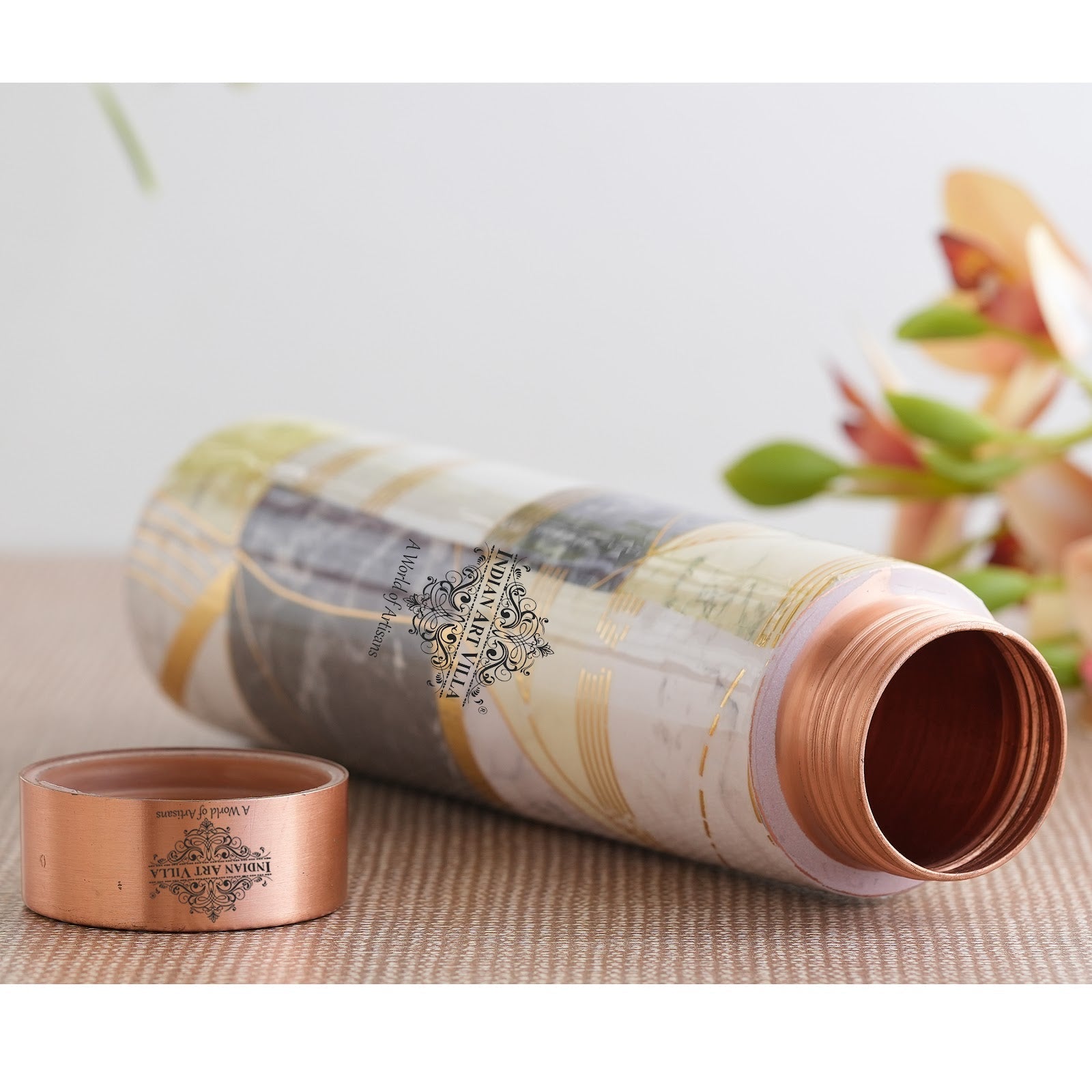 Pure Copper Water Bottle with Pyramid Shape Gold Print Design, 800 ML
