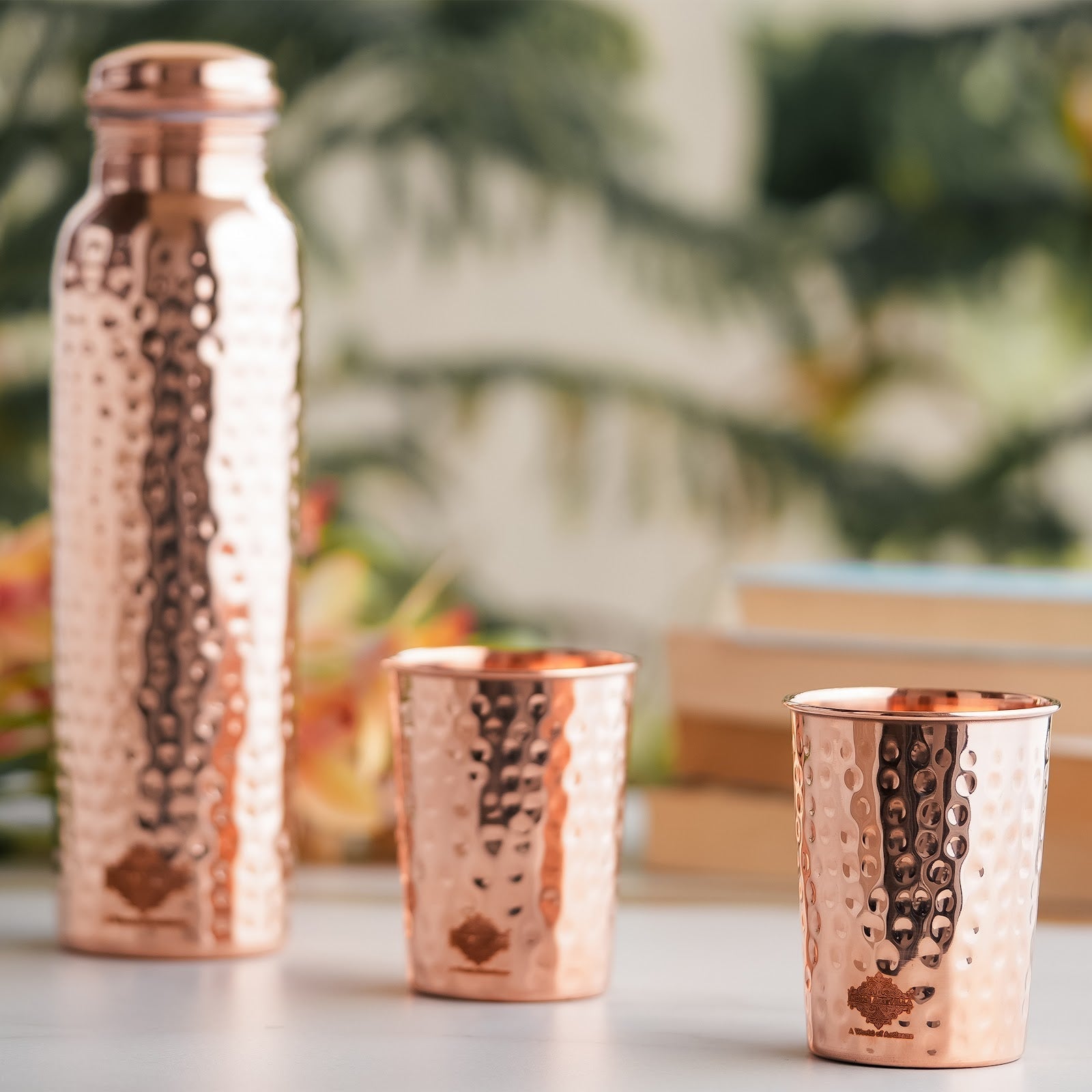 Pure Copper Hammered Leak Proof Water Bottle & Two Glass