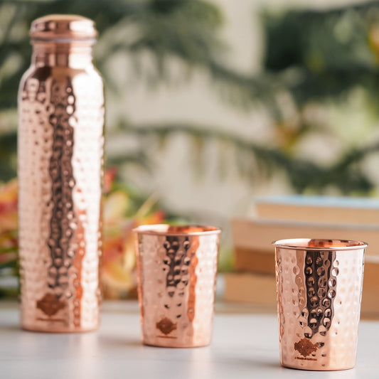 Pure Copper Hammered Leak Proof Water Bottle & Two Glass