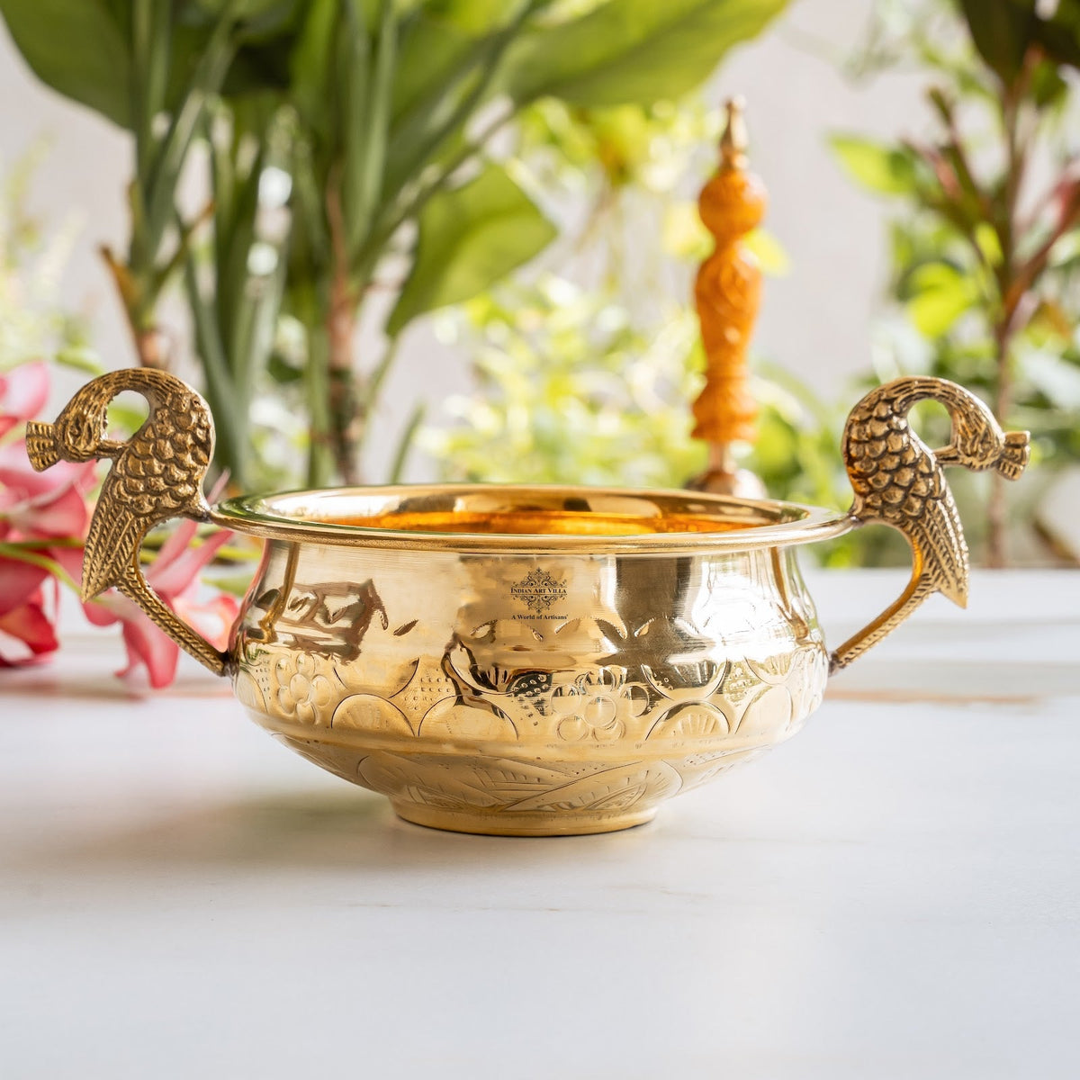 Handcrafted Brass Urli Bowl with Peacock Handles for Décor