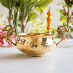 Handcrafted Brass Urli Bowl with Peacock Handles for Décor