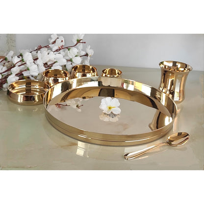 Handcrafted Pure Bronze Curve Shaped 7 Pieces Dinner Set | Thali Set with  Mirror Shine Finish