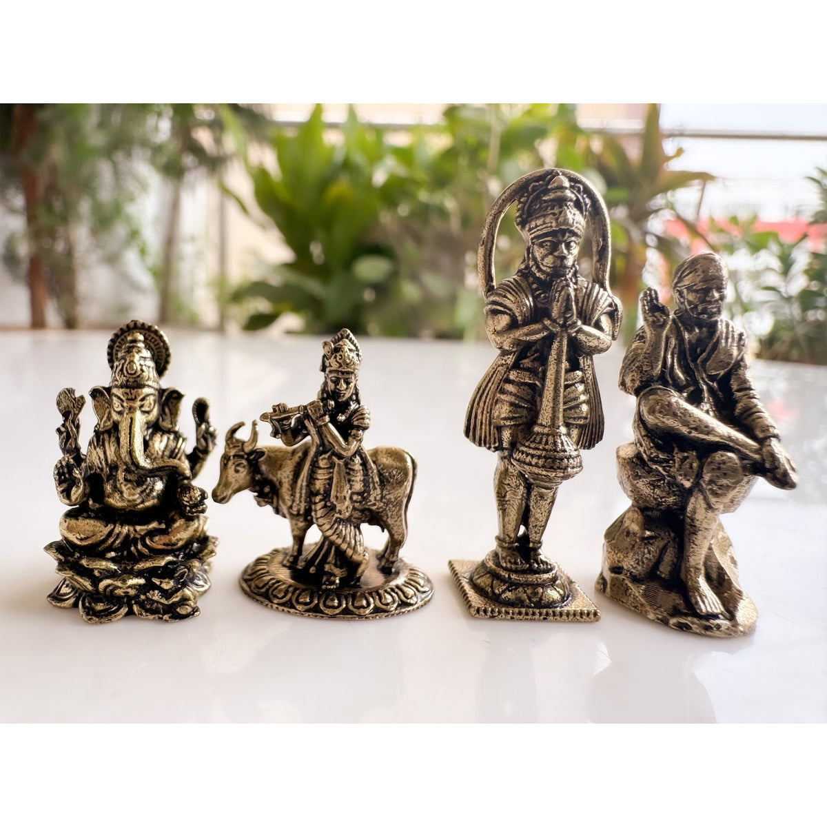 Pure Brass Miniature Divine Idol Combo of Ganesha, Krishna, Hanuman ji & Sai Baba