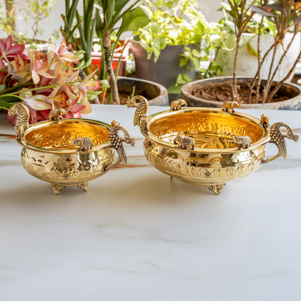Handmade Pure Brass Urli with Elephant Figurines & Peacock Handles