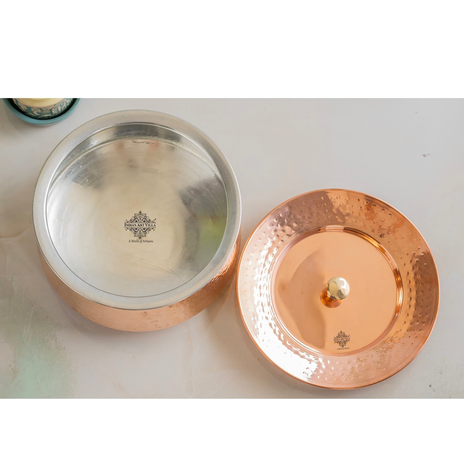Indian Art Villa, Handcrafted Pure Copper Handi with Lid & Tin Lining – Traditional Hammered Design Handi for Cook Rice, Curries, and Dishes