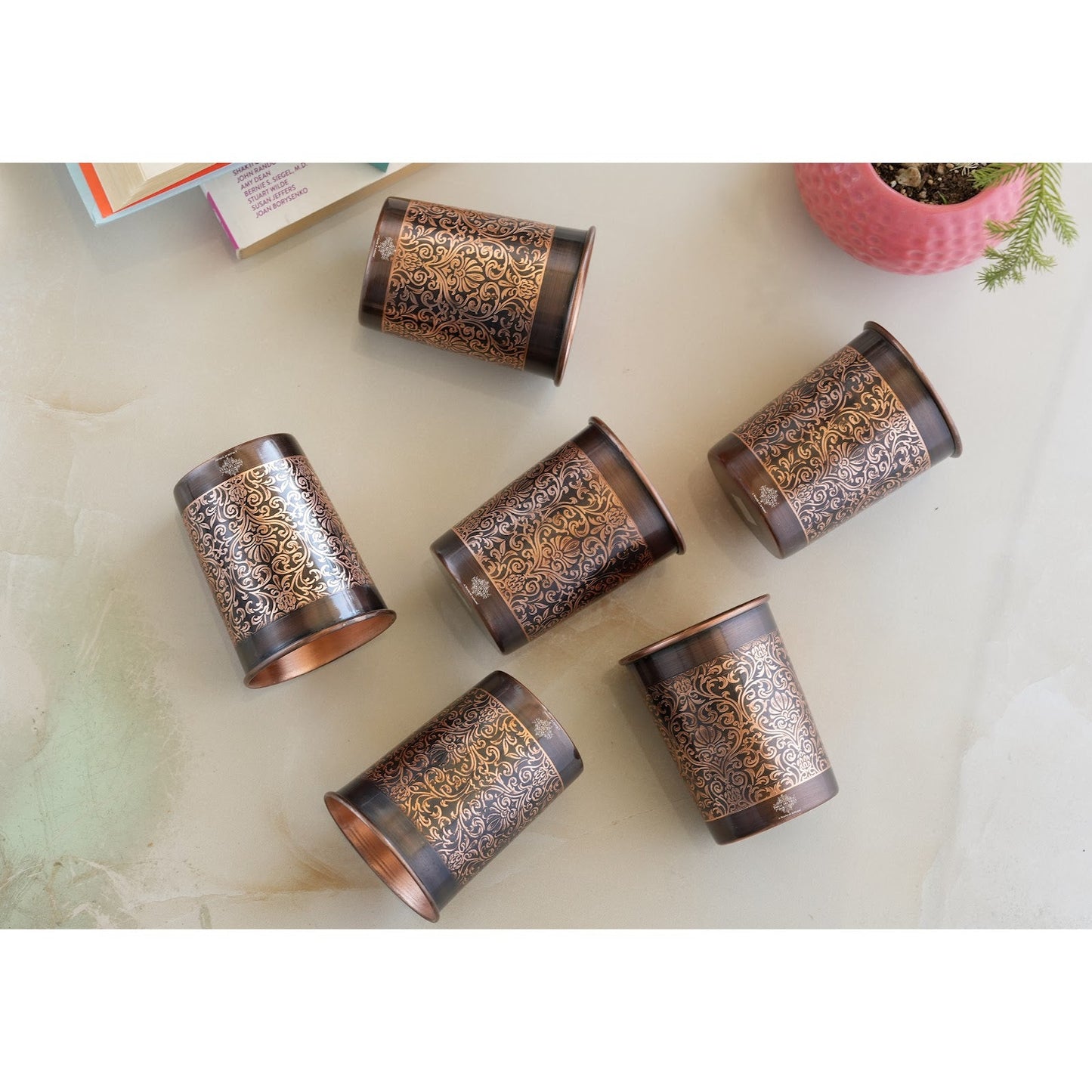 Pure Copper Glass With Handcrafted Embossed Design 275 ML