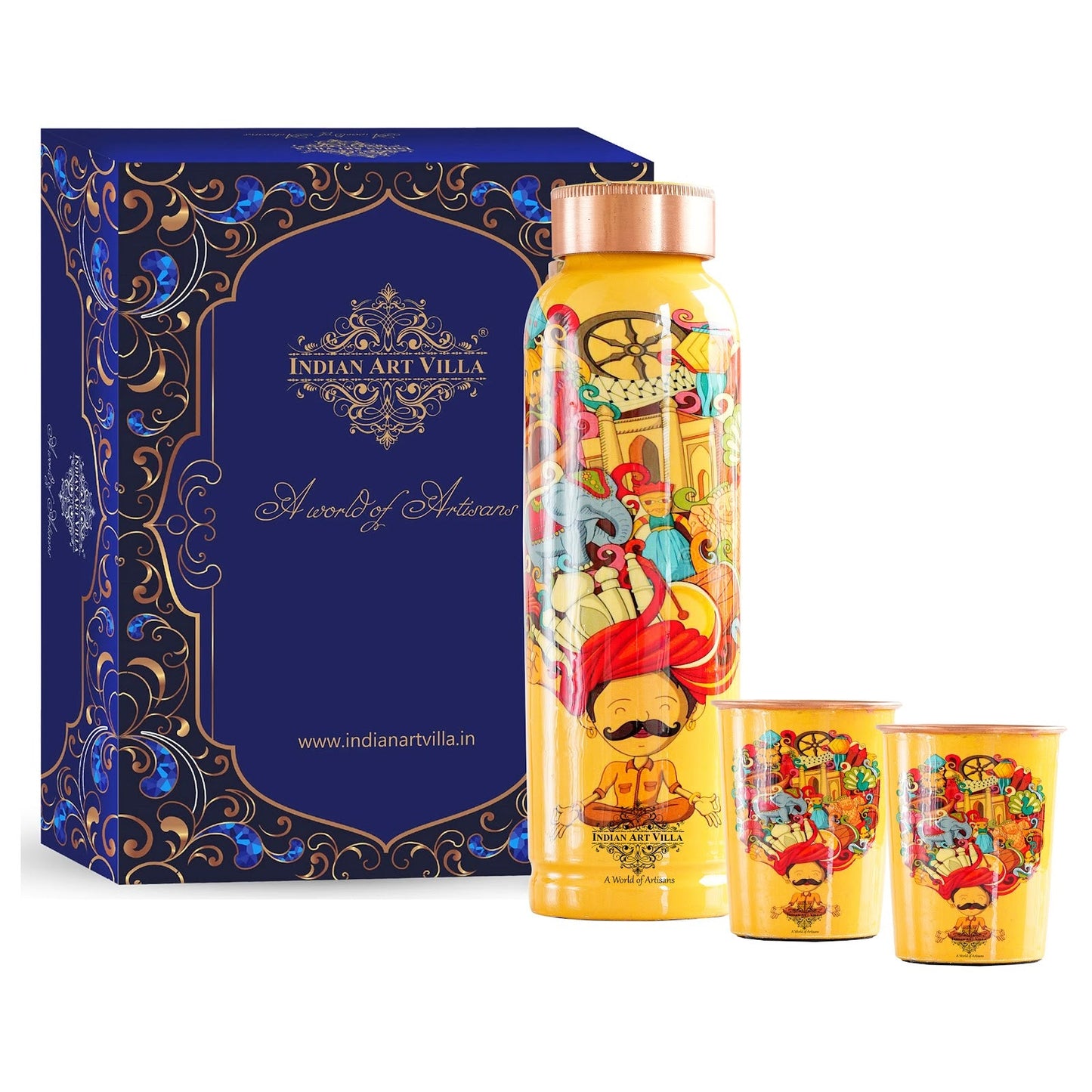 Rajasthani Meena "Padharo Mhare Desh" Printed Copper Bottle & Glass Set