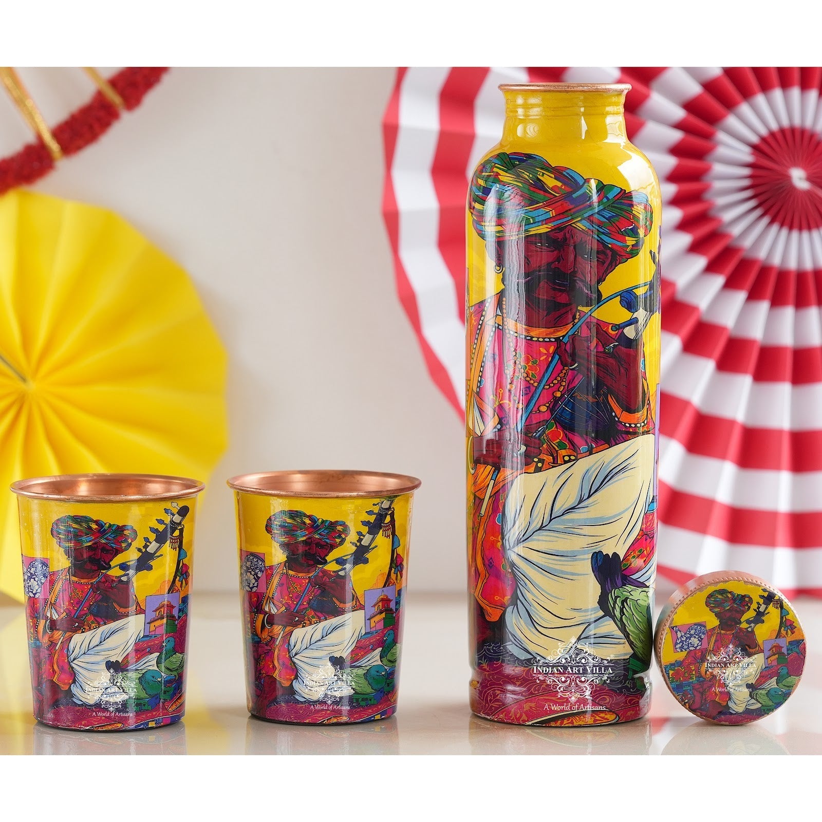 Rajasthani Meena "Padharo Mhare Desh" Printed Copper Bottle & Glass Set