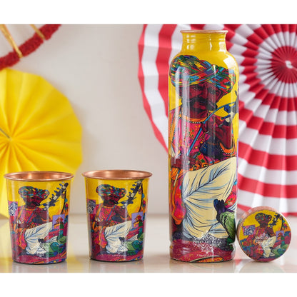 Rajasthani Meena "Padharo Mhare Desh" Printed Copper Bottle & Glass Set