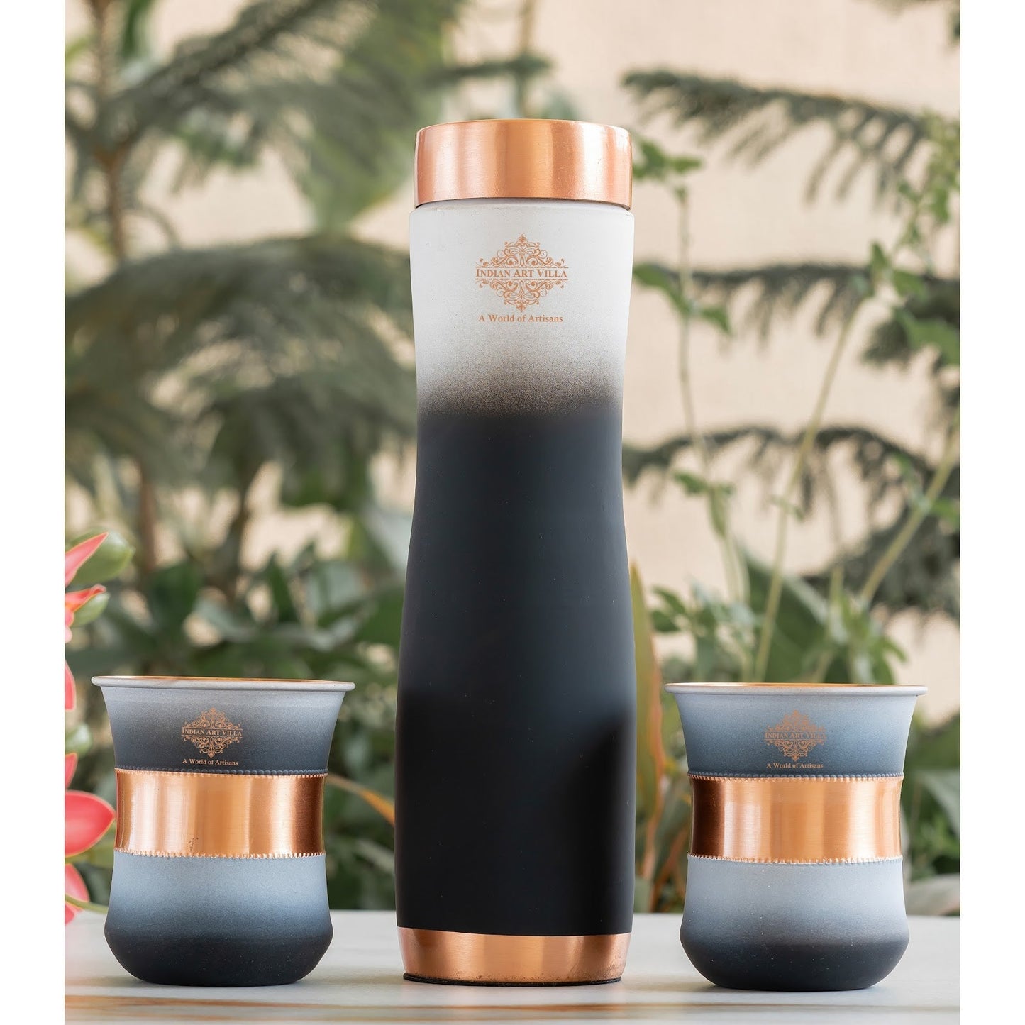 Matt Ombre Copper Bottle and Glass Set with Royal Look  Bottle-900 Ml, Glass-275Ml