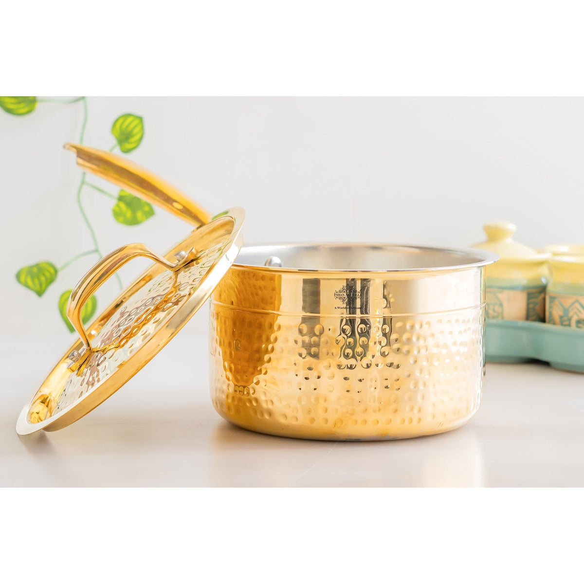 Pure Brass Sauce Pan With Hammered Design, Lid & Brass Handle