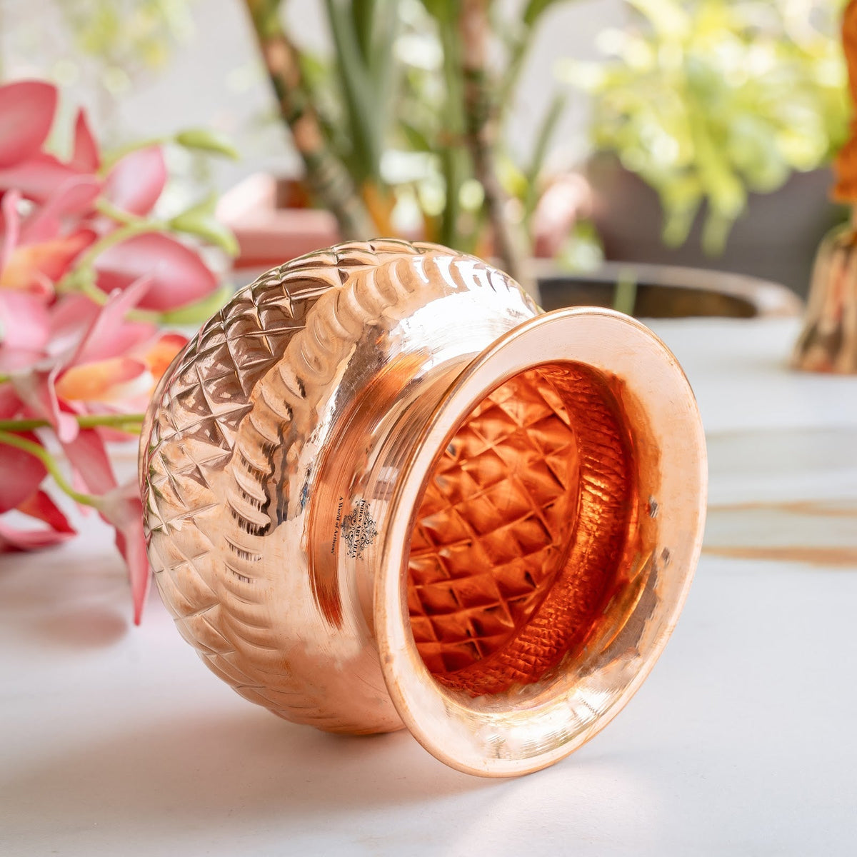 Pure Copper Lota with Diamond Cut Design For Pooja - 550 ML