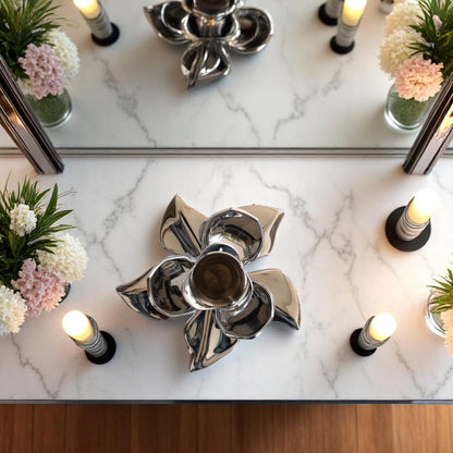 Silver-Plated Lotus Design Candle Stand – Elegant Handcrafted Decor for Festive, Spiritual & Home Ambience – Ideal for Tealight Holding and Table Centerpiece