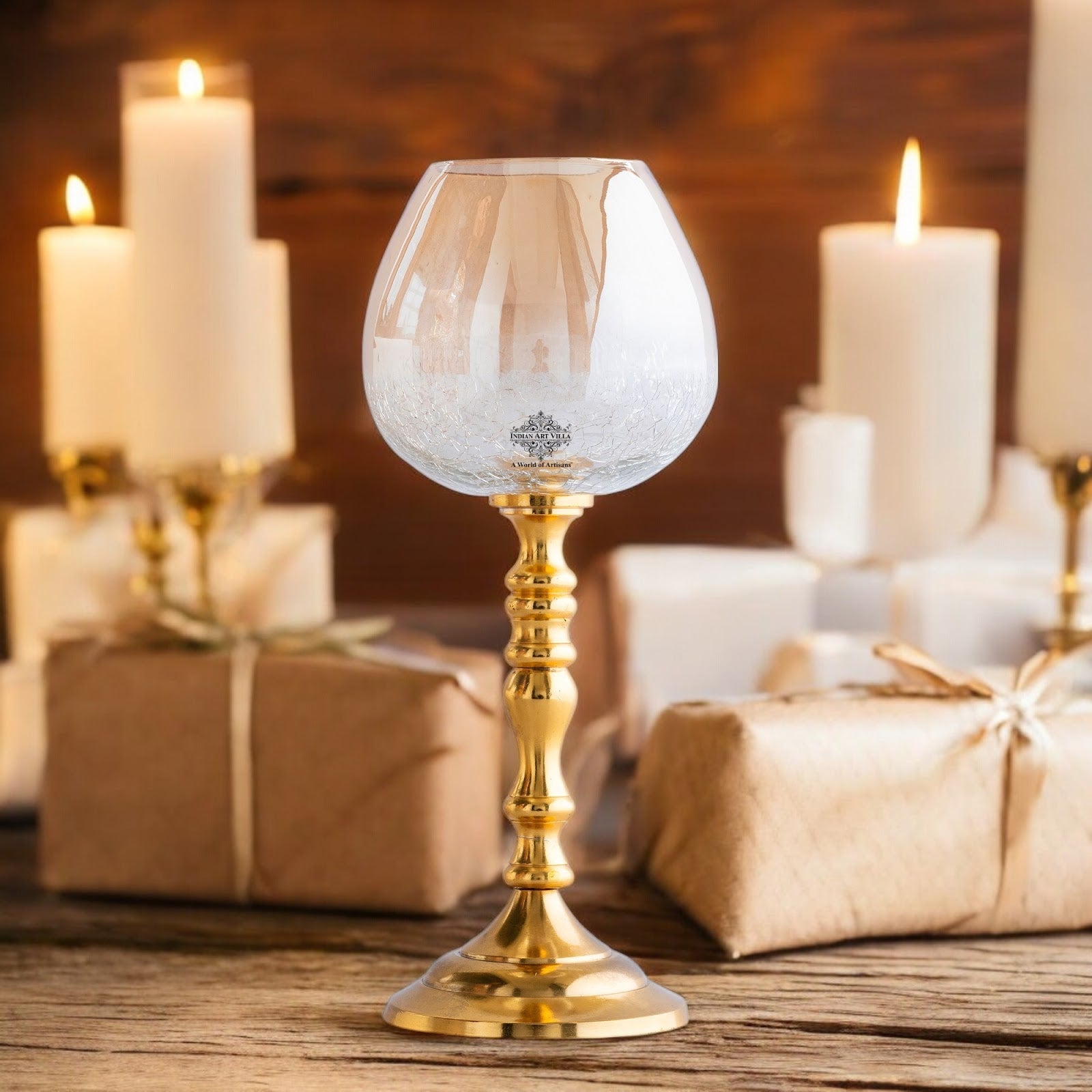 Gold Finish Decorative Candle Holder with Pillar Design – Elegant Accent for Home Decor, Dining Table, Festive Celebrations, and Gifting