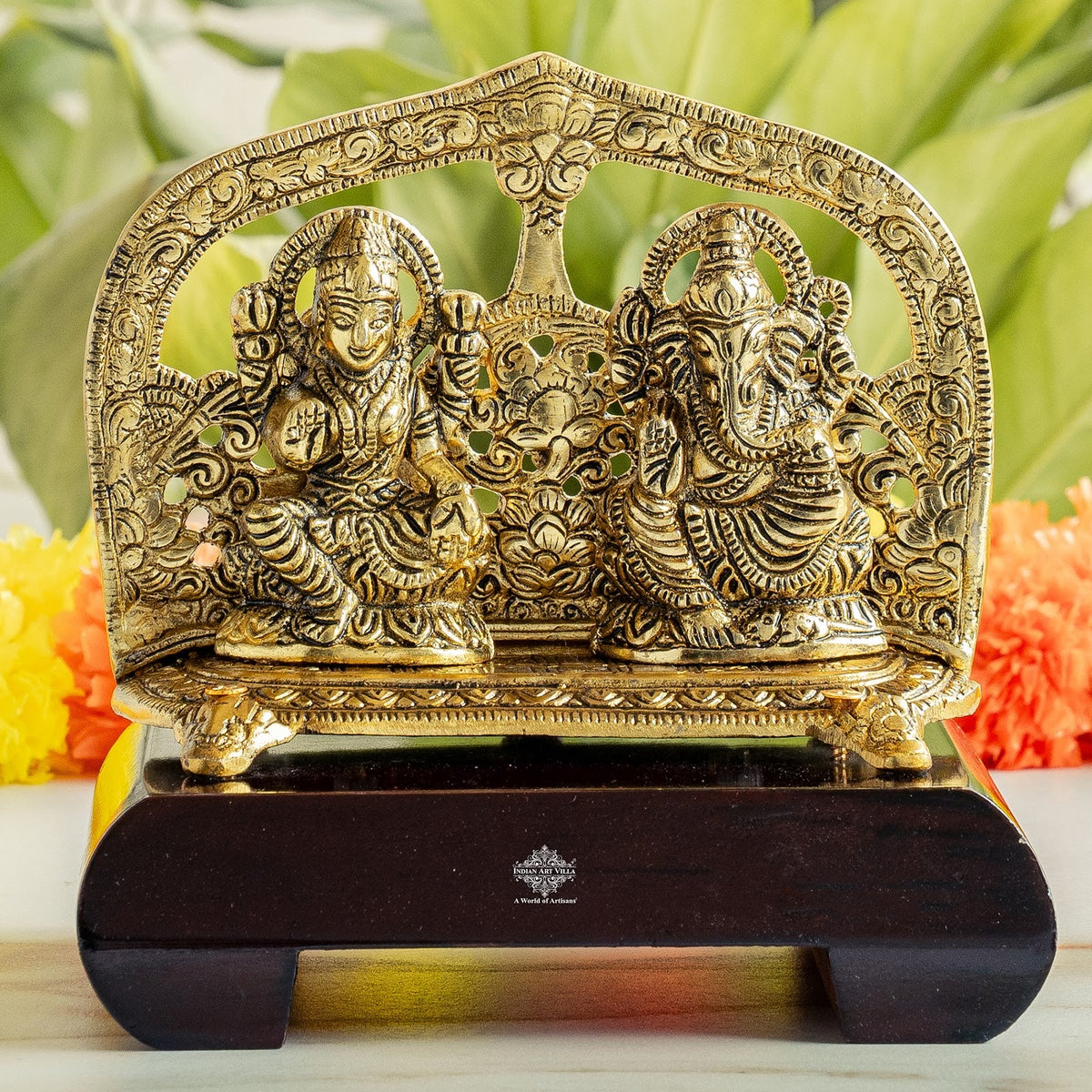 Brass Finish Ganesh Ji With Laxmi JI Murti with Wooden Base