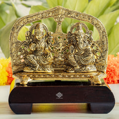 Brass Finish Ganesh Ji With Laxmi JI Murti with Wooden Base