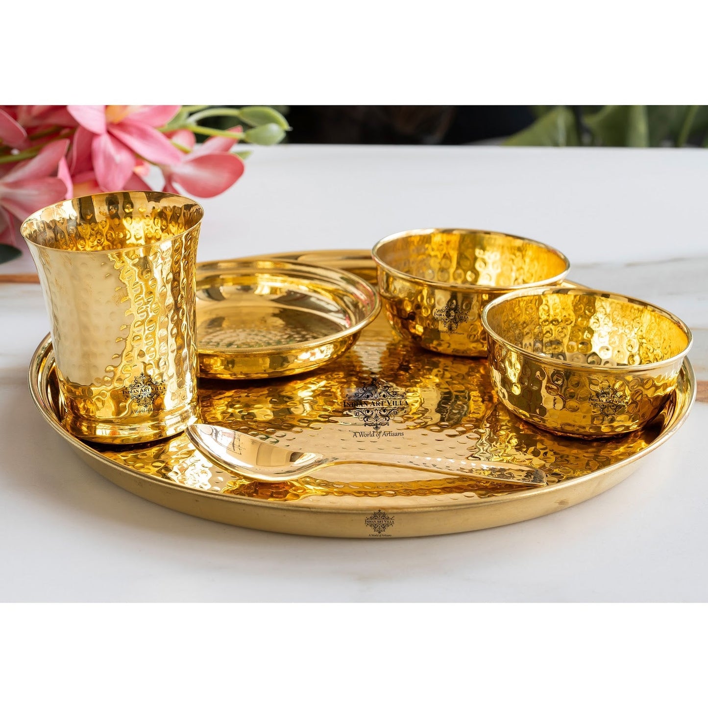 Pure Brass Matt Finish & Hammered 7 Pieces Dinner Set / Thali Set | DinnerWare |