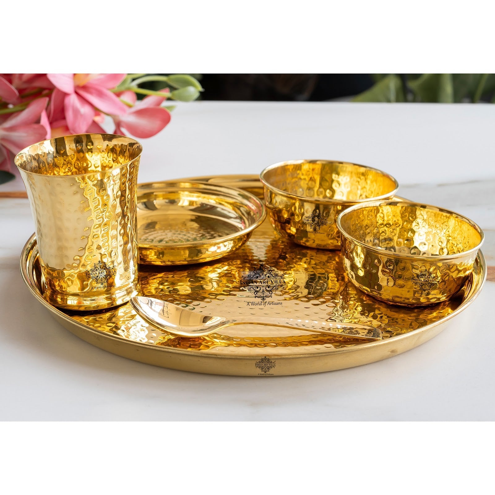 Pure Brass Matt Finish & Hammered 7 Pieces Dinner Set / Thali Set | DinnerWare |