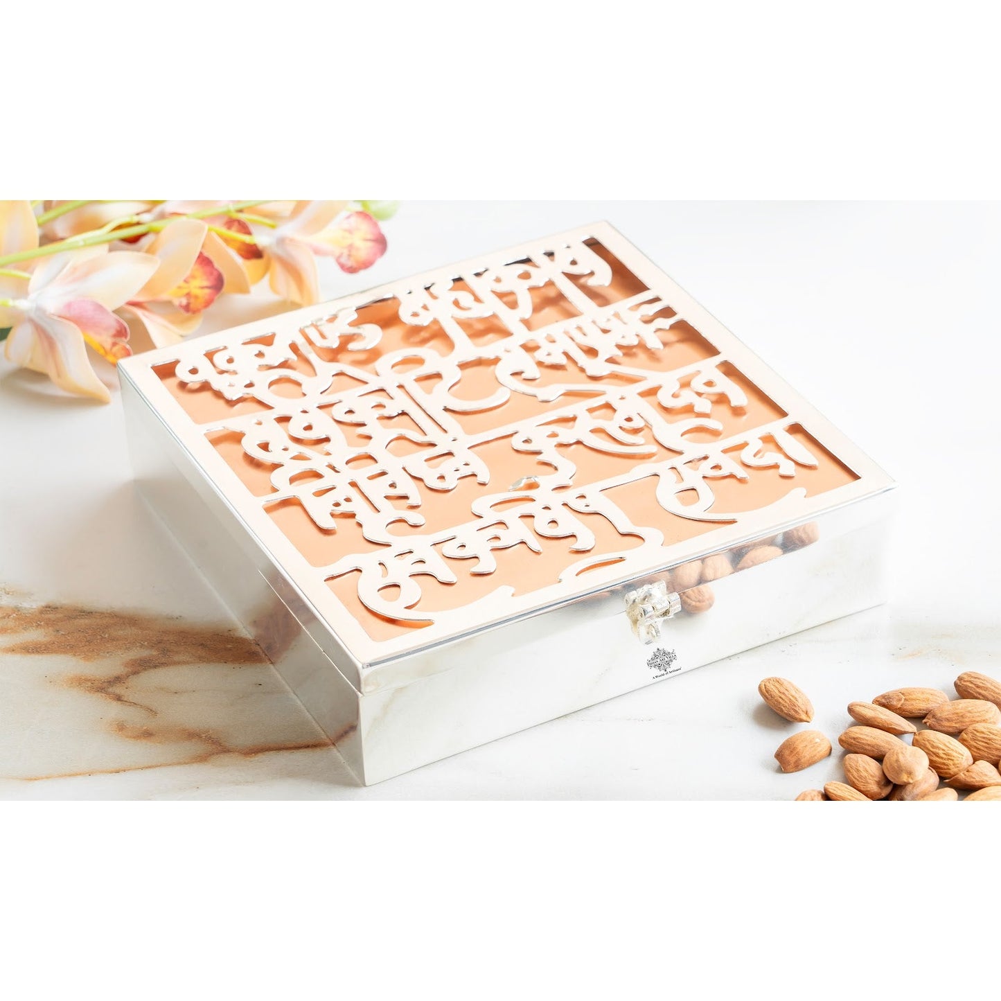 Silver Plated Copper Decorative Box with Ganesh Ji Mantra Design