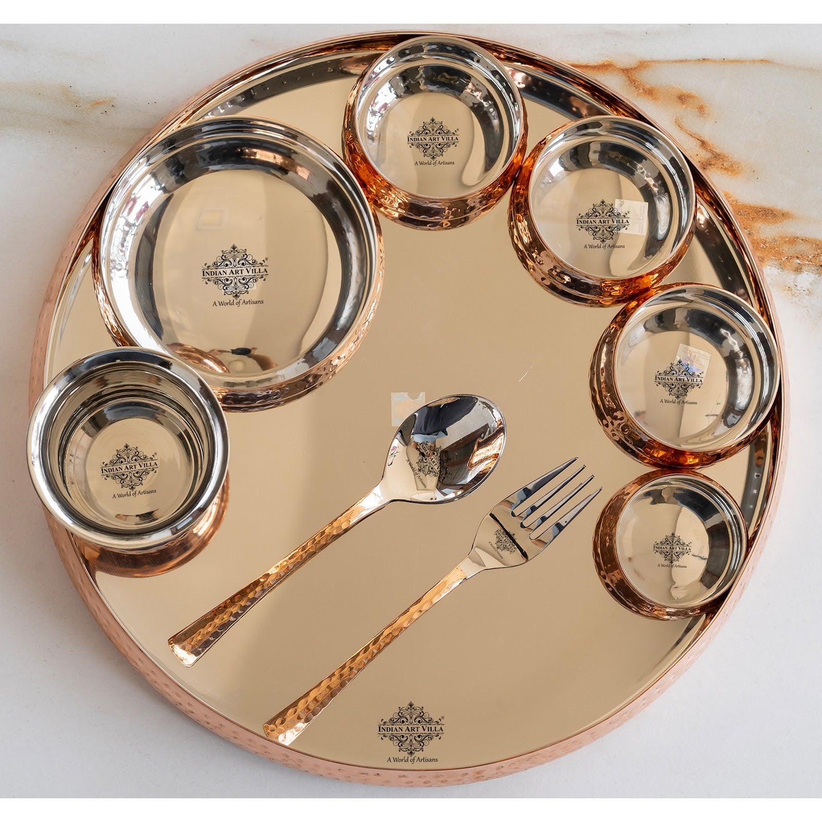 Steel Copper 9-Piece Curve Thali Set, Hammered Shine Finish- – Elegant Tableware for Traditional Dining, Perfect for Home, Restaurant, Special Occasions