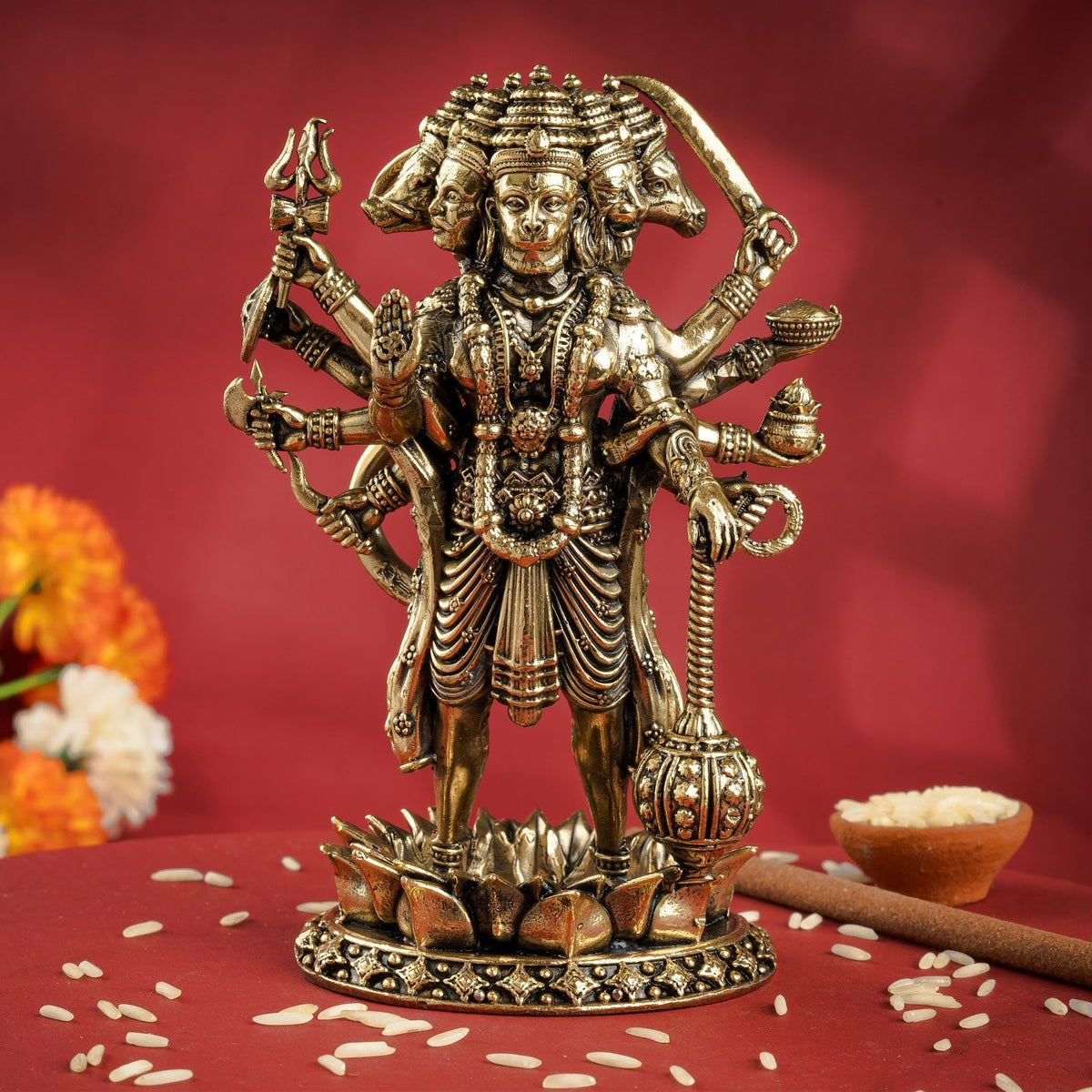 Pure Brass Panchmukhi Hanuman Ji Idol with Weapons Standing Position