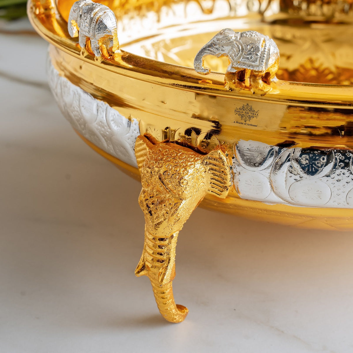 Gold and Sliver Two-Tone Brass Urli with Elephant Design Legs - 7400 ML
