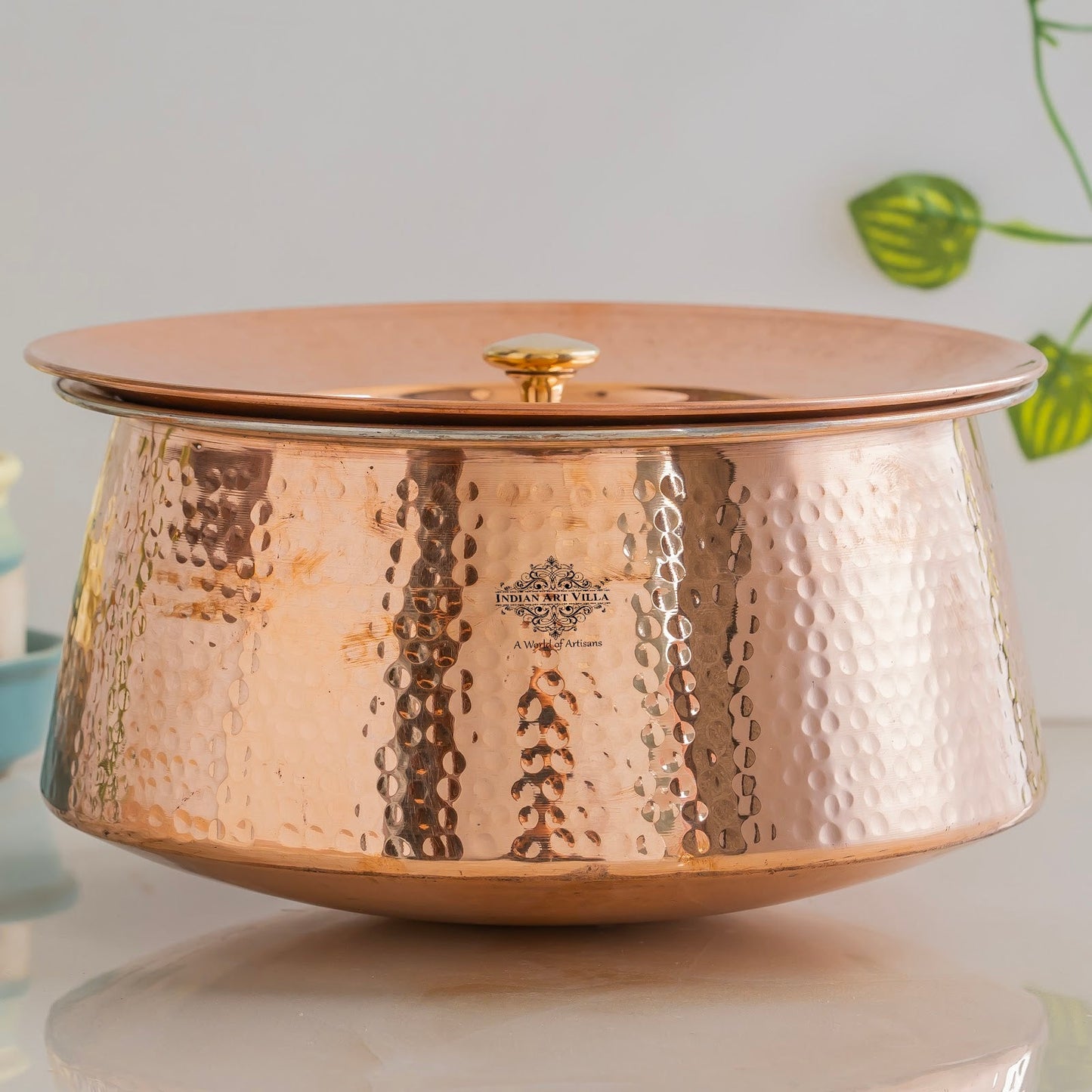 Indian Art Villa, Handcrafted Pure Copper Handi with Lid & Tin Lining – Traditional Hammered Design Handi for Cook Rice, Curries, and Dishes