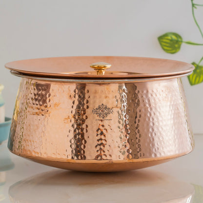 Indian Art Villa, Handcrafted Pure Copper Handi with Lid & Tin Lining – Traditional Hammered Design Handi for Cook Rice, Curries, and Dishes