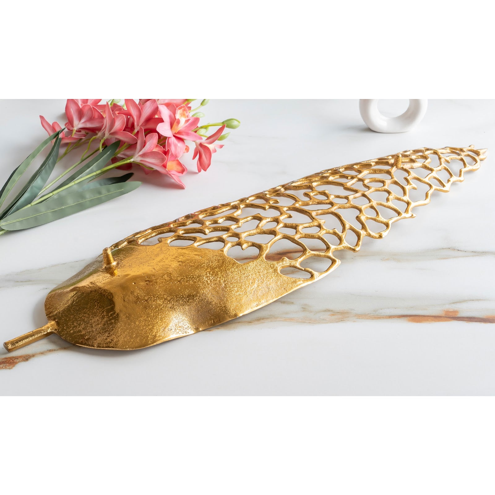 Gold Finish Antique Lacquer Matte Leaf Cutting Design Tray – 79 cm Decorative Accent, Elegant Serving Tray for Home